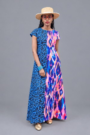 Blue & Pink Double Patch Ankara Maxi Dress