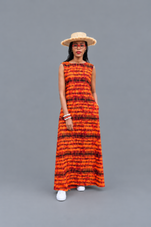 Sunset Glow Orange Ankara Sleeveless Maxi Dress