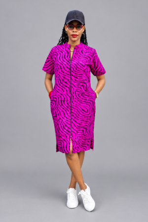 Magenta Ankara Zipper Shirt Dress – Short Sleeve with Pockets