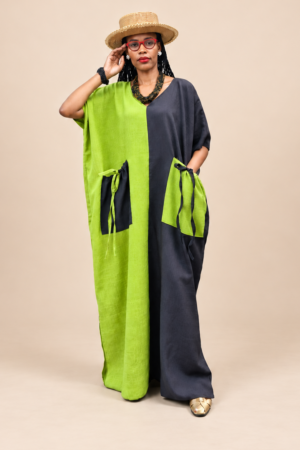 Lime Green & Black Two-Tone Linen Kaftan
