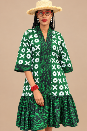 Green Ankara Ruffle-Hem Shift Dress
